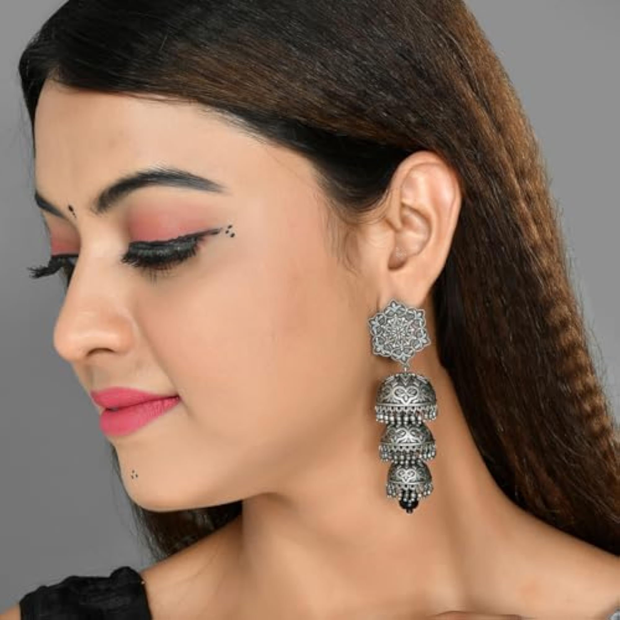 Nrityotsava Falguni 3 Layers Jhumka Earrings